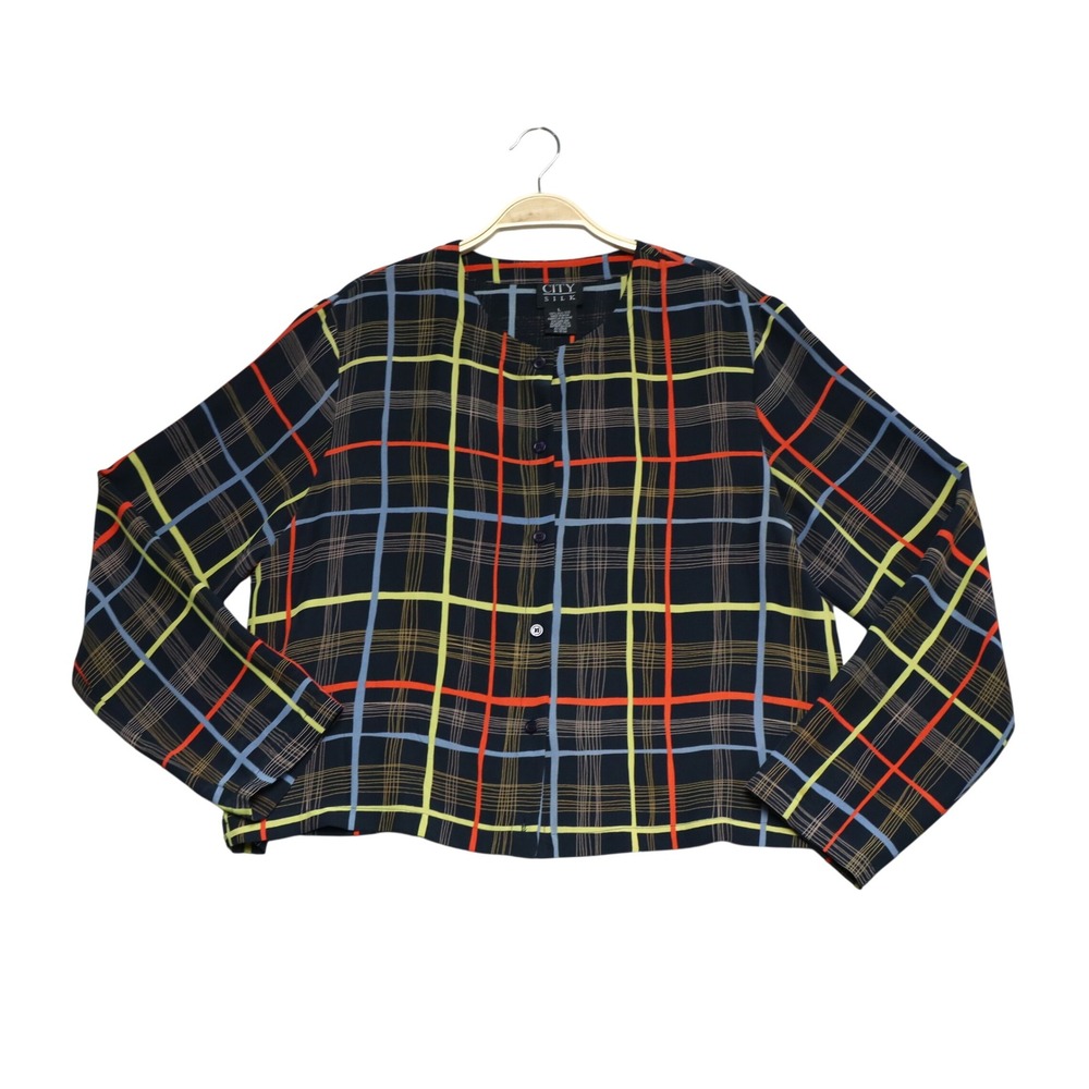 Vintage City Silk Plaid Boxy Button Blouse L Black Long Sleeve Modernist Art 90s